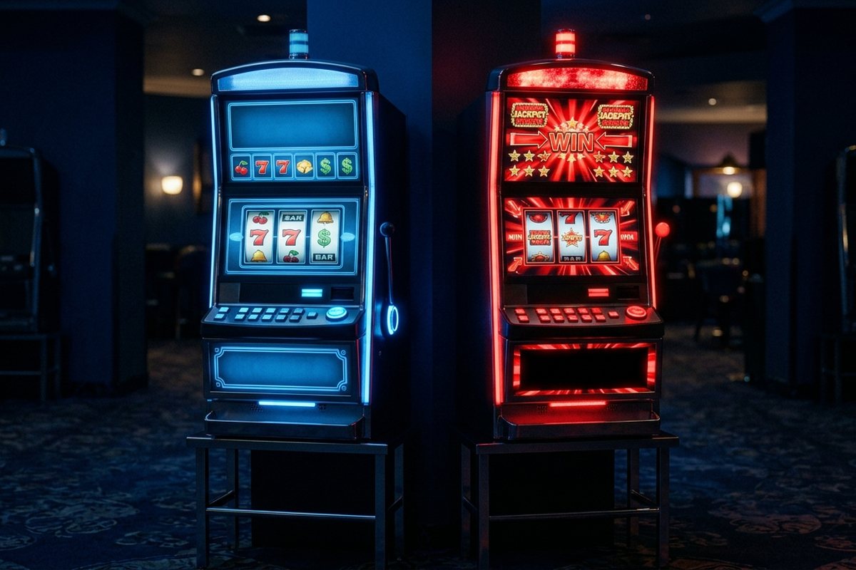 Dua mesin slot berdampingan di ruangan biru gelap, satu menyala tenang biru sementara yang lain berkedip merah panik