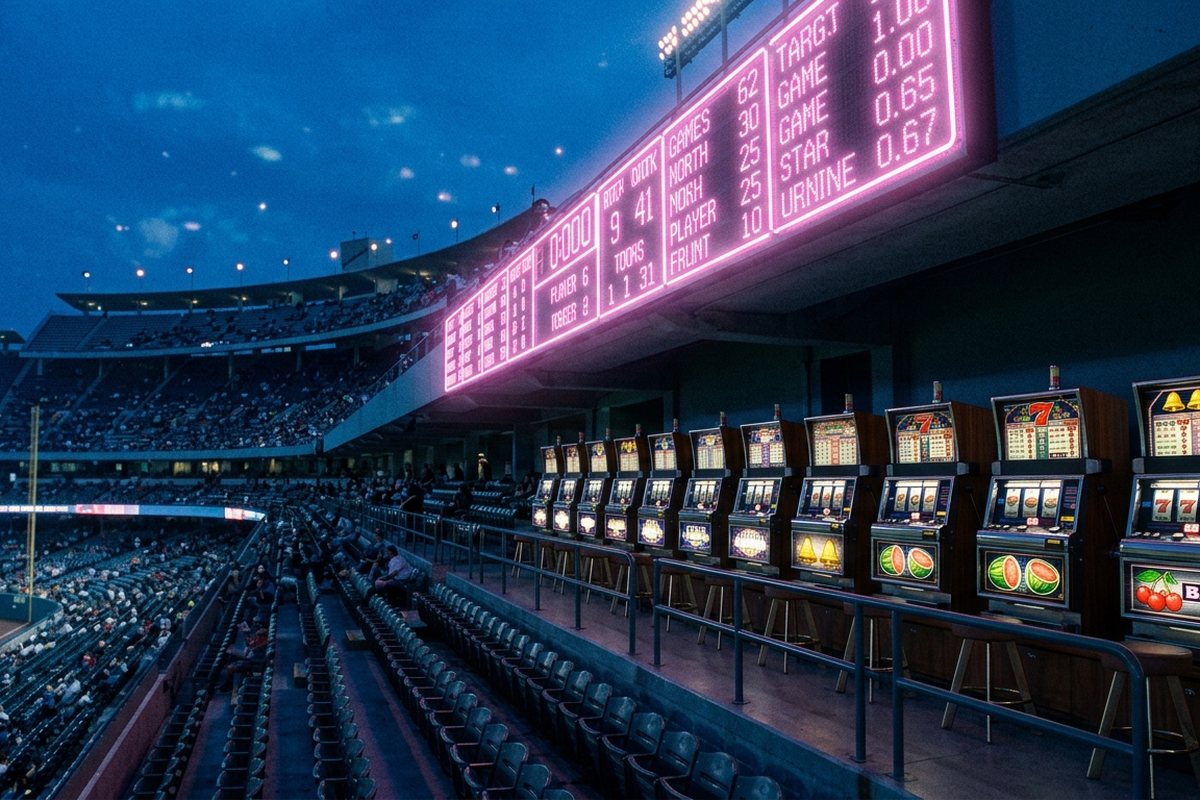 Tribun stadion malam hari dengan papan skor neon merah muda dan barisan mesin arcade menyala