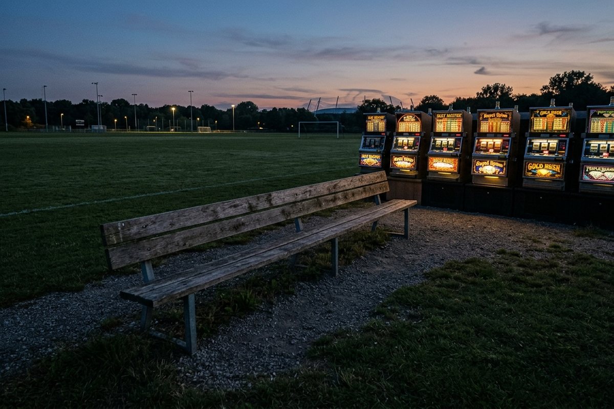 Bangku kayu panjang di tepi lapangan kosong menjelang malam dengan deretan mesin slot arcade berpendar lembut di belakangnya