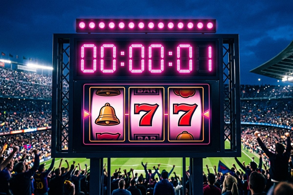 Papan skor stadion menyala merah muda di malam hari dengan angka detik menurun dan simbol bel slot bercahaya