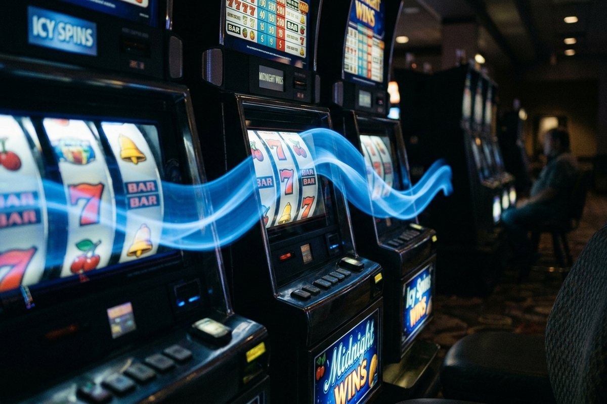 Garis cahaya biru berirama melengkung di atas gulungan mesin slot dalam ruangan gelap yang tenang